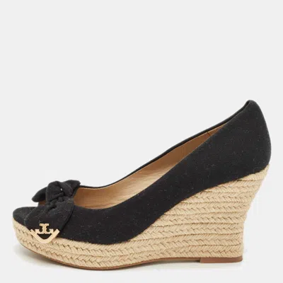 Pre-owned Tory Burch Black Canvas Peep Toe Espadrille Pumps Size 36