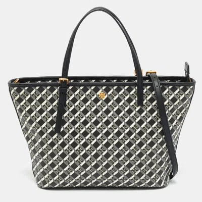 Pre-owned Tory Burch Black Coated Canvas Geo Logo Allover Zip Tote