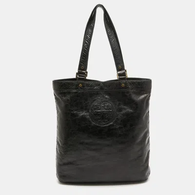 Pre-owned Tory Burch Black Crinkled Patent Leather Embossed Tote