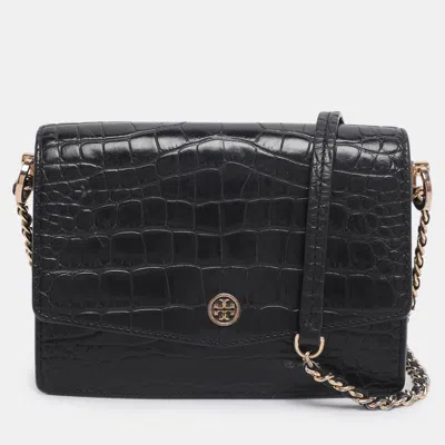 Pre-owned Tory Burch Black Croc Embossed Leather Emerson Crossbody Bag