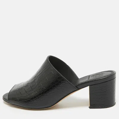 Pre-owned Tory Burch Black Croc Embossed Leather Mules Size 36.5