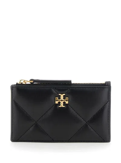 Tory Burch Black Diamond-quilted Card Holder With Double T Logo Plaque On The Front In Leather Woman