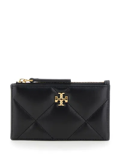TORY BURCH BLACK DIAMOND-QUILTED CARD HOLDER WITH DOUBLE T LOGO PLAQUE ON THE FRONT IN LEATHER WOMAN