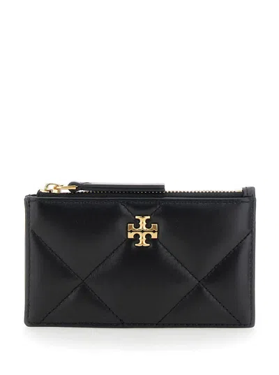 TORY BURCH BLACK DIAMOND-QUILTED CARD HOLDER WITH DOUBLE T LOGO PLAQUE ON THE FRONT IN LEATHER WOMAN