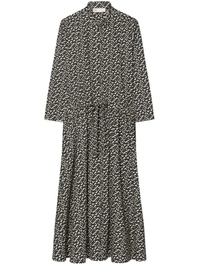 TORY BURCH BLACK DRESS WITH ALL-OVER GEOMETRIC