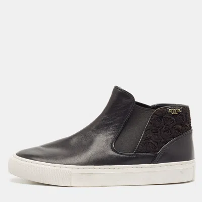 Pre-owned Tory Burch Black Fabric And Leather Rosette High Top Sneakers Size 36.5