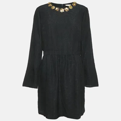 Pre-owned Tory Burch Black Floral Embossed Silk Blend Embellished Short Dress Xl