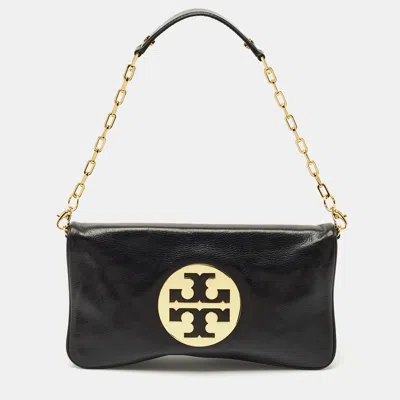 Pre-owned Tory Burch Black Glossy Leather Reva Chain Clutch