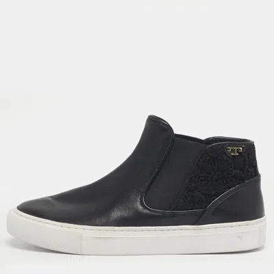 Pre-owned Tory Burch Black Lace And Leather Rosette High Top Nappa Sneakers Size 36