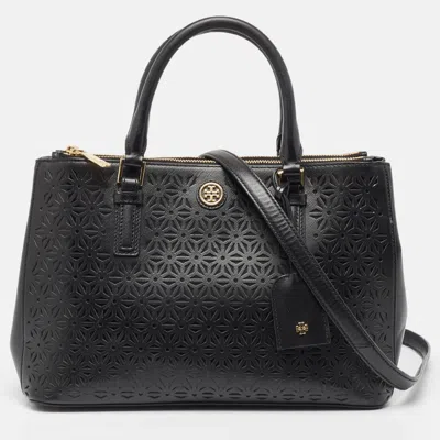 Pre-owned Tory Burch Black Laser Cut Saffiano Leather Double Zip Robinson Tote