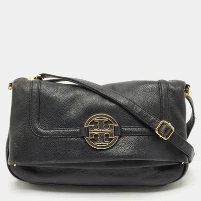 Pre-owned Tory Burch Black Leather Amanda Foldover Crossbody Bag