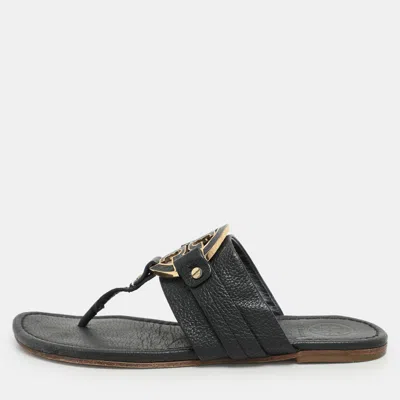 Pre-owned Tory Burch Black Leather Amanda Thong Flat Sandals Size 38