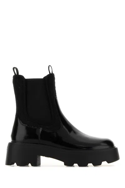 TORY BURCH BLACK LEATHER AND FABRIC CHELSEA ANKLE BOOTS
