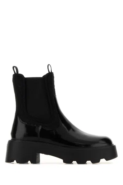TORY BURCH BLACK LEATHER AND FABRIC CHELSEA ANKLE BOOTS
