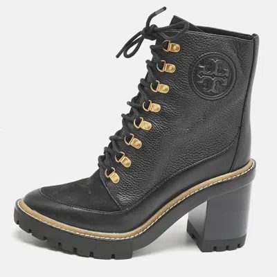 Pre-owned Tory Burch Black Leather And Nubuck Miller Ankle Boots Size 38.5