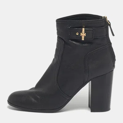 Pre-owned Tory Burch Black Leather Ankle Length Boots Size 37.5