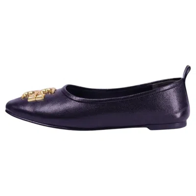 Pre-owned Tory Burch Black Leather Ballet Flats With Gold Logo - Eu 37