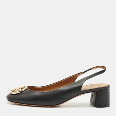 Pre-owned Tory Burch Black Leather Benton Block Heel Slingback Pumps Size 38