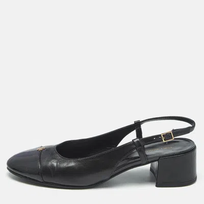 Pre-owned Tory Burch Black Leather Benton Block Heel Slingback Pumps Size 38