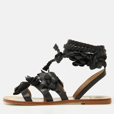 Pre-owned Tory Burch Black Leather Blossom Floral Embellished Flat Gladiator Sandals Size 37