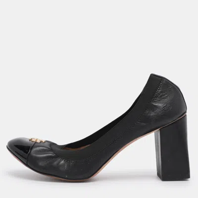 Pre-owned Tory Burch Black Leather Cap Toe Jolie Block Heel Pumps Size 38