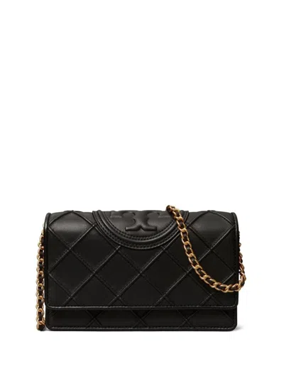 Tory Burch Fleming Soft Leather Wallet On A Chain In Black