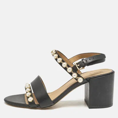 Pre-owned Tory Burch Black Leather Emmy Pearl Ankle Strap Sandals Size 38.5