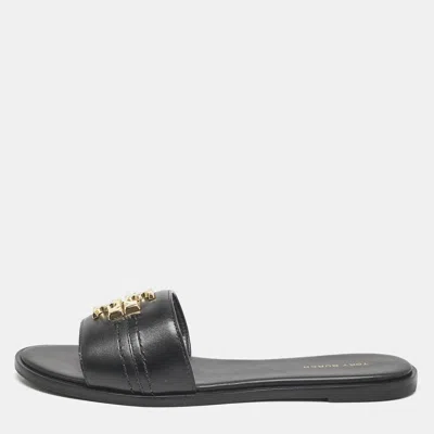 Pre-owned Tory Burch Black Leather Everly Flat Slides Size 38