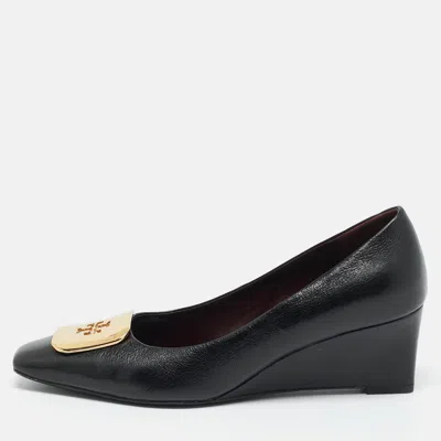 Pre-owned Tory Burch Black Leather Georgia Wedge Pumps Size 37
