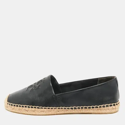 Pre-owned Tory Burch Black Leather Ines Logo Espadrille Flats Size 38.5