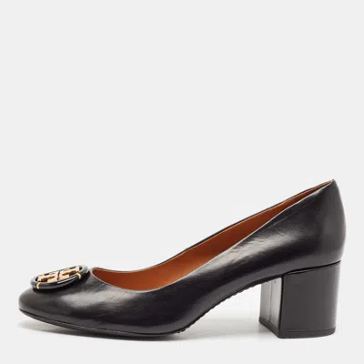 Pre-owned Tory Burch Black Leather Janey Block Heel Pumps Size 41