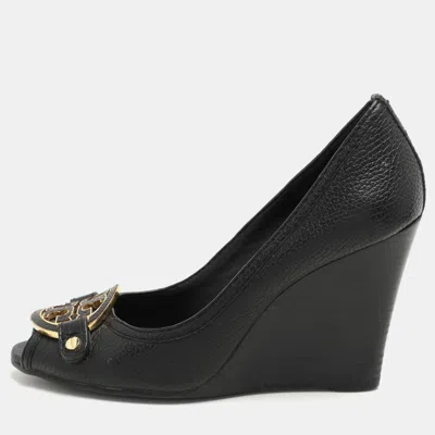 Pre-owned Tory Burch Black Leather Leticia Wedge Pumps Size 37