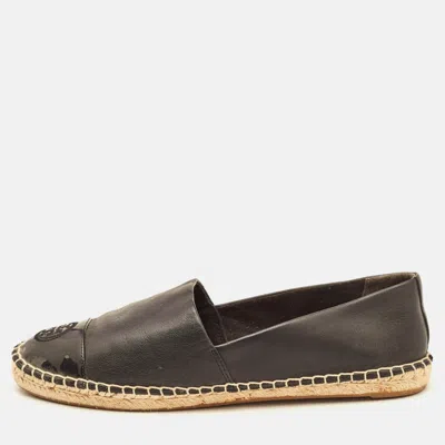 Pre-owned Tory Burch Black Leather Logo Cap Toe Espadrille Flats Size 39