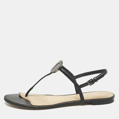 Pre-owned Tory Burch Black Leather Logo Embellished Flat Thong Sandals Size 38