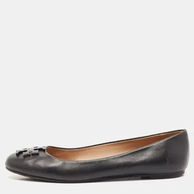 Pre-owned Tory Burch Black Leather Logo Lowell Ballet Flats Size 37.5