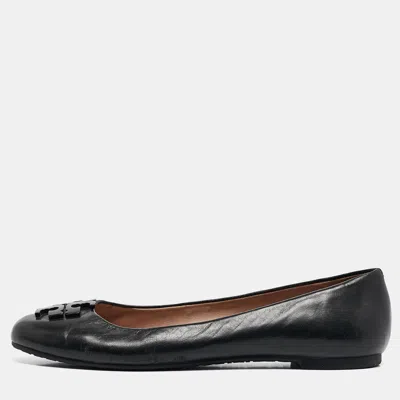 Pre-owned Tory Burch Black Leather Lowell Ballet Flats Size 37.5