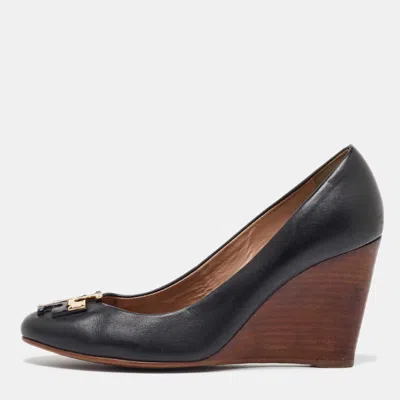 Pre-owned Tory Burch Black Leather Lowell Wedge Pumps Size 38.5