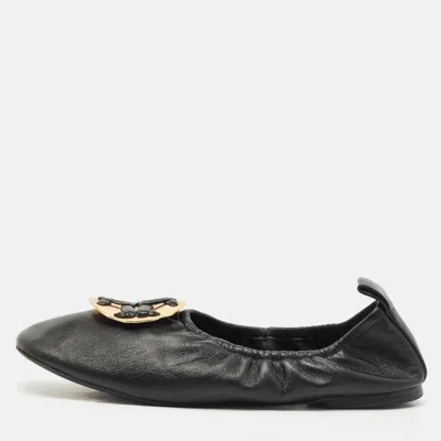 Pre-owned Tory Burch Black Leather Melinda Scrunch Ballet Flats Size 38.5