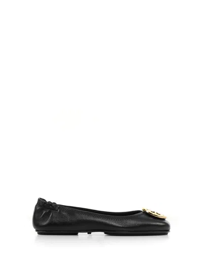 Tory Burch Black Leather Minnie Ballerina Shoes In Perfect Black Gold