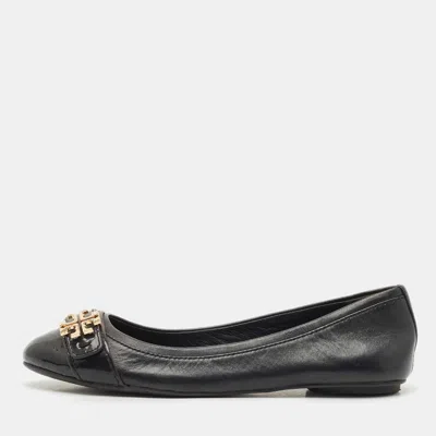 Pre-owned Tory Burch Black Leather Minnie Ballet Flats Size 37.5