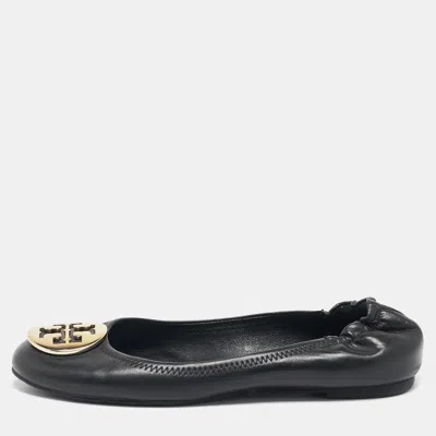 Pre-owned Tory Burch Black Leather Minnie Travel Scrunch Ballet Flats Size 37.5
