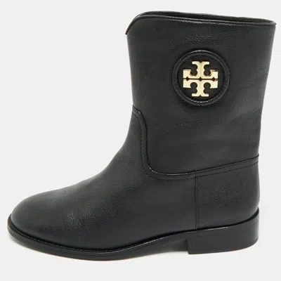Pre-owned Tory Burch Black Leather Moto Mid Calf Boots Size 38