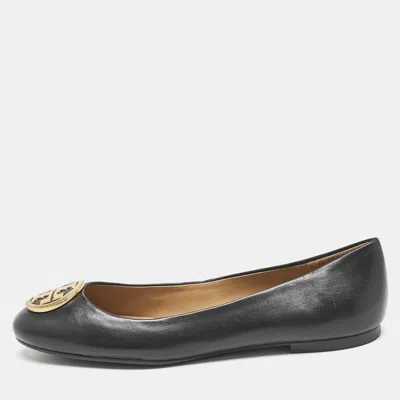Pre-owned Tory Burch Black Leather Reva Ballet Flats Size 38