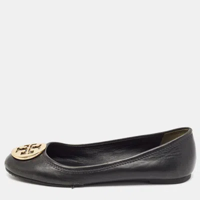 Pre-owned Tory Burch Black Leather Reva Ballet Flats Size 38.5