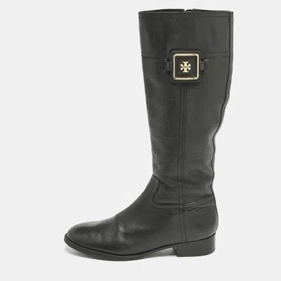 Pre-owned Tory Burch Black Leather Reva Knee Length Boots Size 40.5