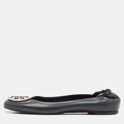 Pre-owned Tory Burch Black Leather Reva Logo Ballet Flats Size 39