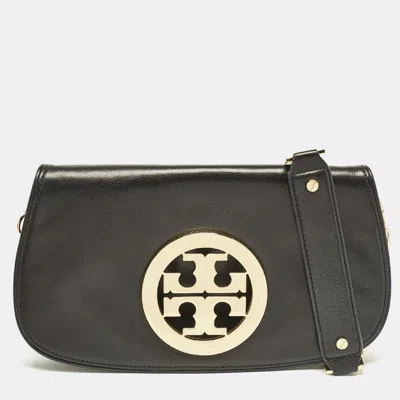 Pre-owned Tory Burch Black Leather Reva Logo Crossbody Bag