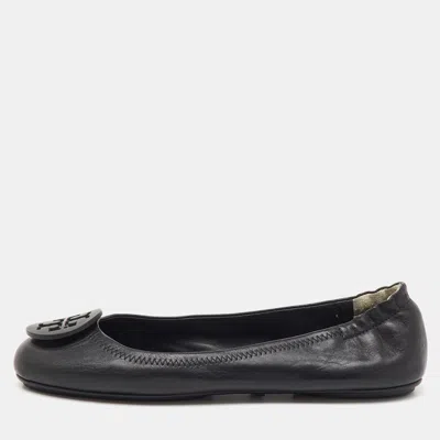 Pre-owned Tory Burch Black Leather Reva Logo Scrunch Ballet Flats Size 38