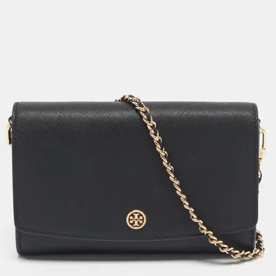 Pre-owned Tory Burch Black Leather Robinson Flap Chain Clutch Bag