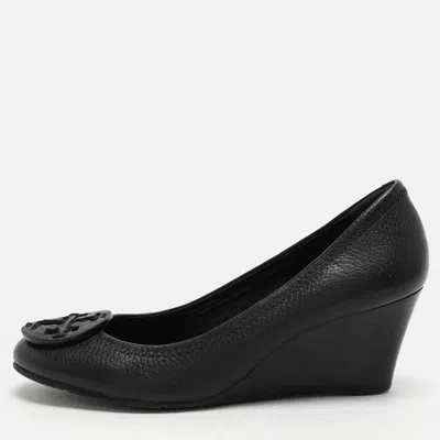 Pre-owned Tory Burch Black Leather Sally Wedge Pumps Size 36.5